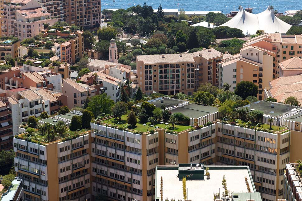 commercial buildings in Monaco with green roofs