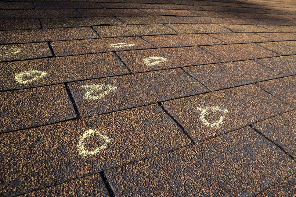 hail damage marked on a roof