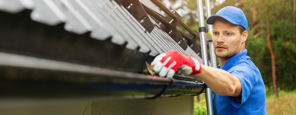 Man cleaning gutters on ladder