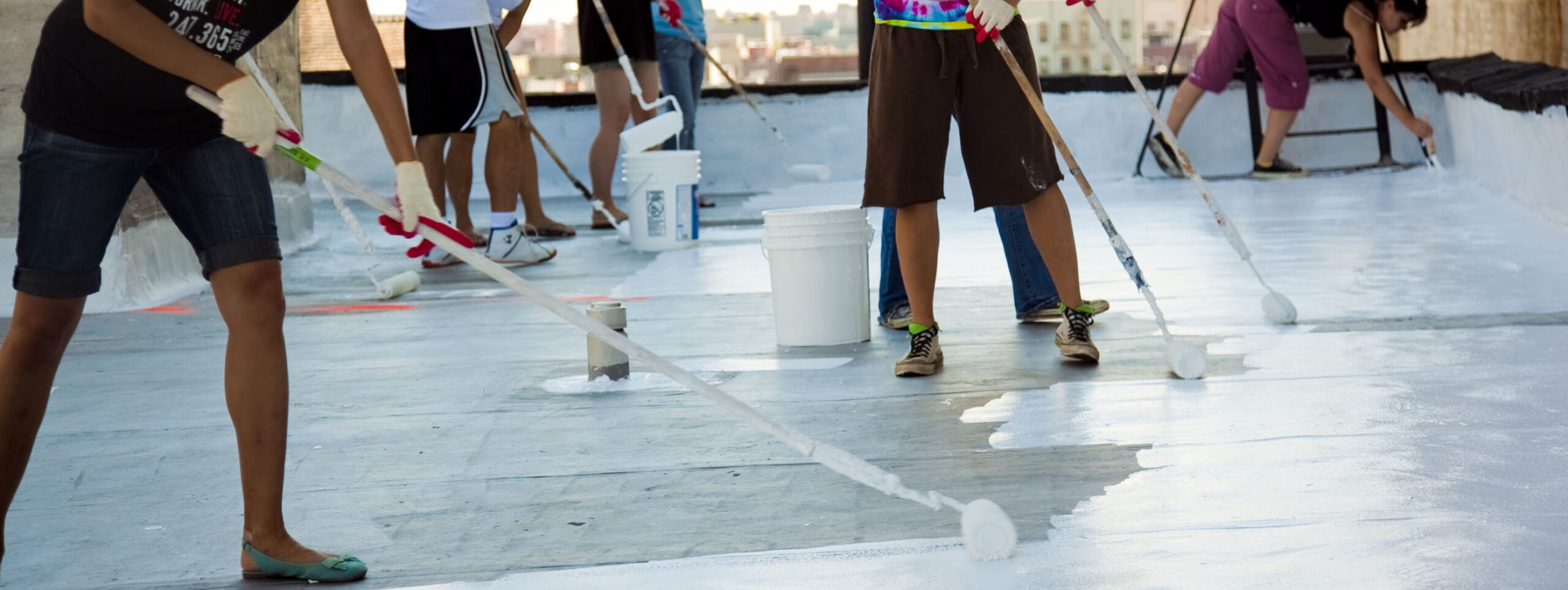 People painting a TPO roof