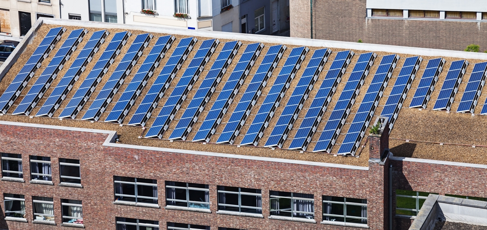 Solar panels on roof of commercial building